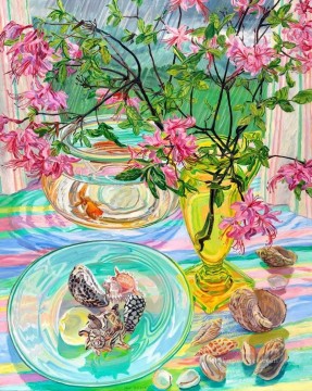 Fotorrealismo Naturaleza muerta Painting - flores concha pez dorado realismo JF bodegón